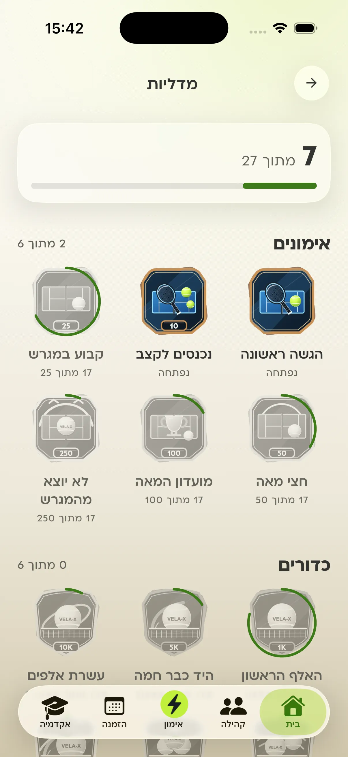עמוד המדליות באפליקציית VELA-X: רשת מדליות לפי אימונים, כדורים, התמדה, מכות ואתגרים