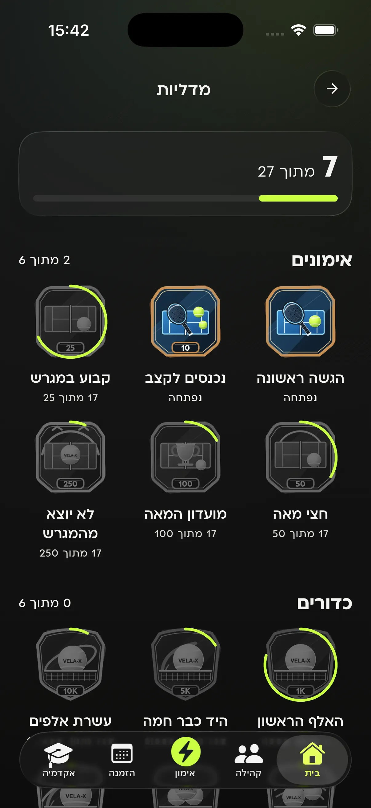 עמוד המדליות באפליקציית VELA-X: רשת מדליות לפי אימונים, כדורים, התמדה, מכות ואתגרים