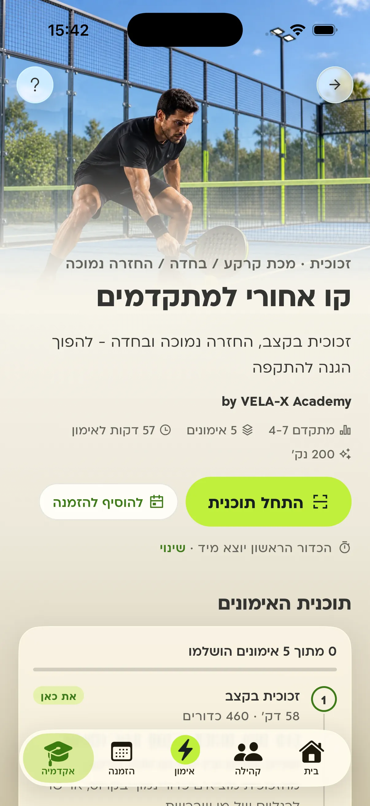 תוכנית באקדמיה, קו אחורי למתקדמים: 5 אימונים, 57 דקות לאימון